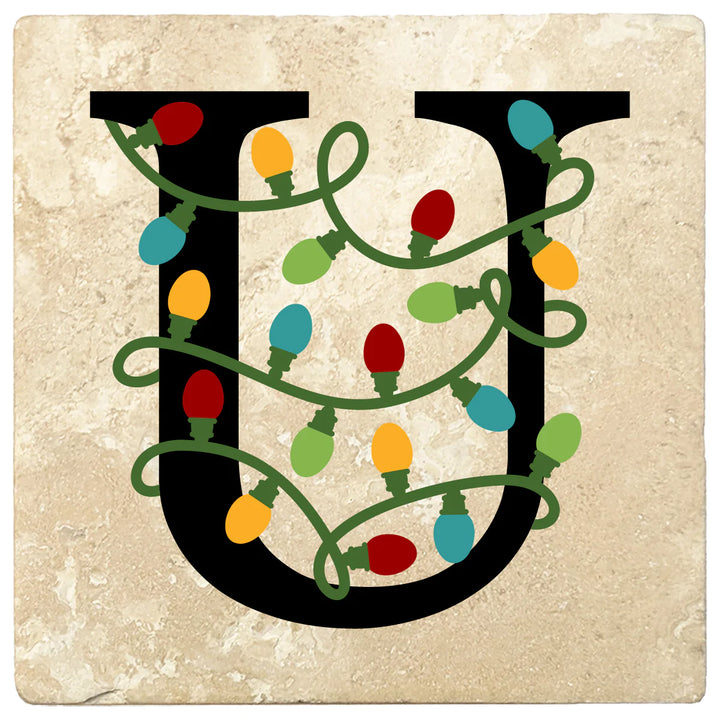 4" Absorbent Square Travertine Monogram Coasters, Christmas lights Design, 2 Sets of 4, 8 Pieces - Christmas by Krebs Wholesale
