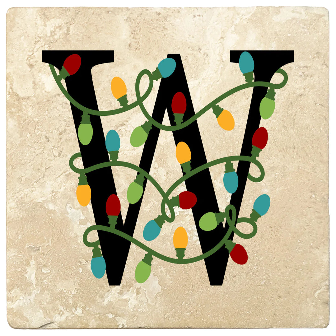 4" Absorbent Square Travertine Monogram Coasters, Christmas lights Design, 2 Sets of 4, 8 Pieces - Christmas by Krebs Wholesale