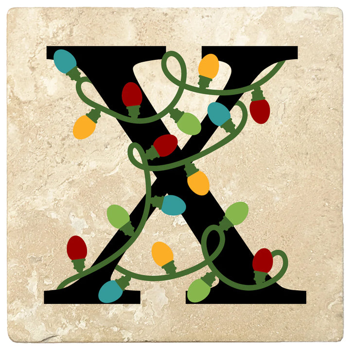 4" Absorbent Square Travertine Monogram Coasters, Christmas lights Design, 2 Sets of 4, 8 Pieces - Christmas by Krebs Wholesale