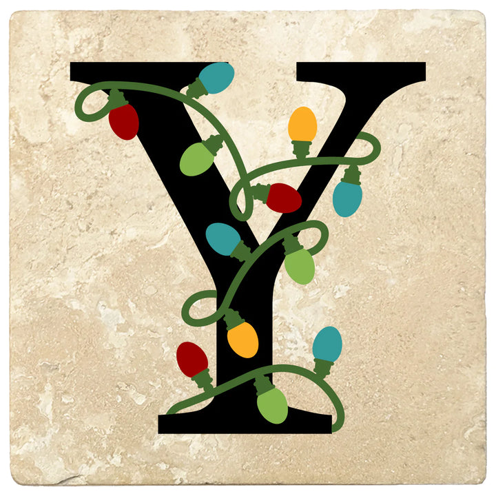 4" Absorbent Square Travertine Monogram Coasters, Christmas lights Design, 2 Sets of 4, 8 Pieces - Christmas by Krebs Wholesale