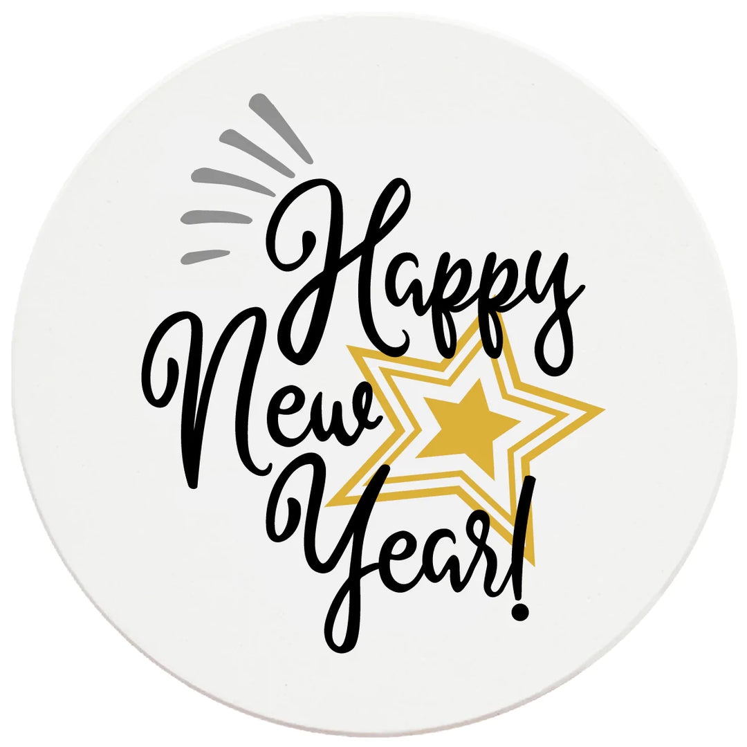 4 Inch Round Ceramic Coaster Set, Happy New Year, 2 Sets of 4, 8 Pieces - Christmas by Krebs Wholesale