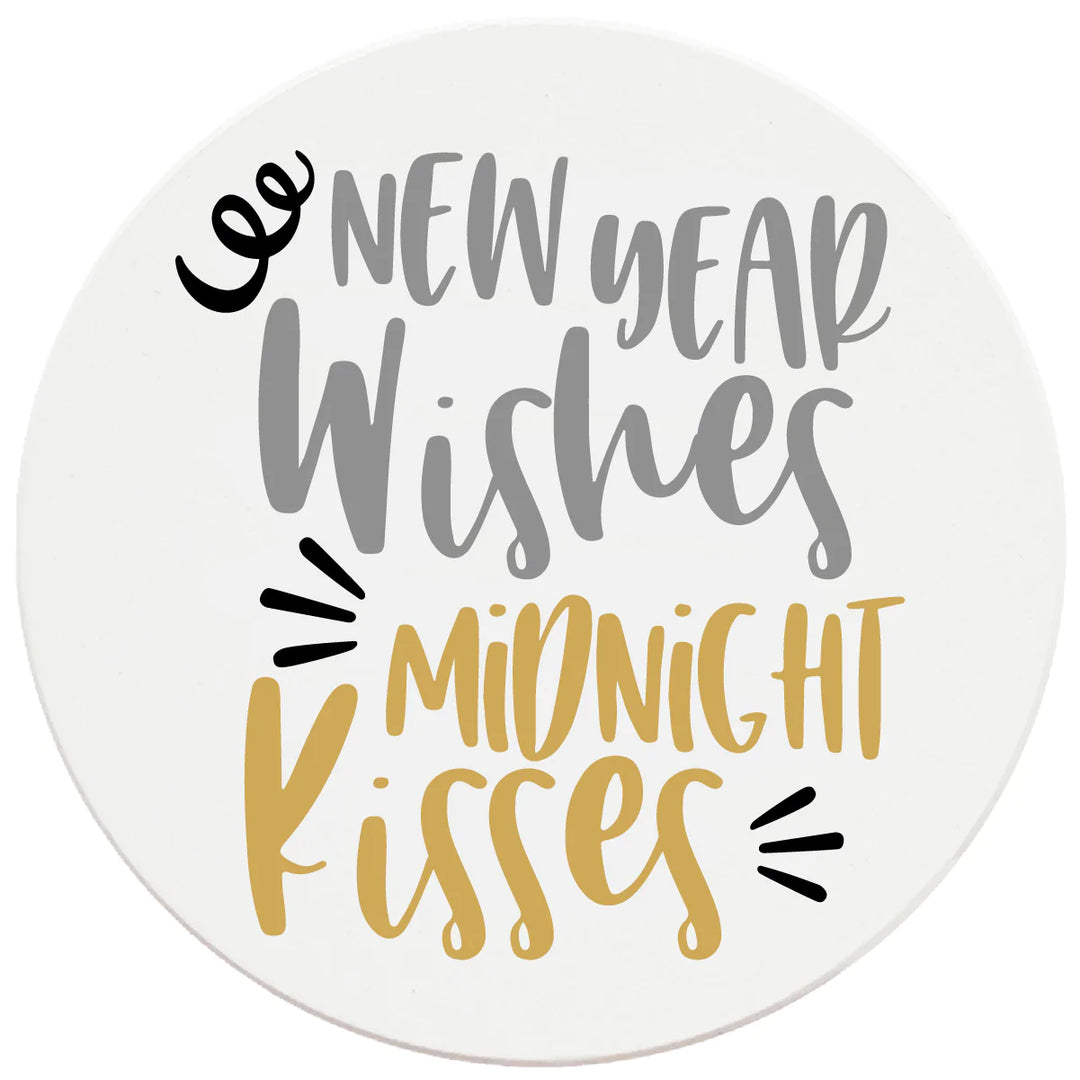 4 Inch Round Ceramic Coaster Set, New Year Wishes, Midnight Kisses, 2 Sets of 4, 8 Pieces - Christmas by Krebs Wholesale