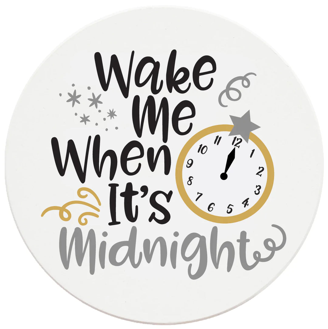 4 Inch Round Ceramic Coaster Set, Wake Me When It's Midnight, 2 Sets of 4, 8 Pieces - Christmas by Krebs Wholesale