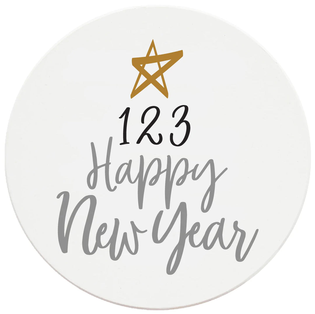 4 Inch Round Ceramic Coaster Set, 1 2 3 Happy New Year, 2 Sets of 4, 8 Pieces - Christmas by Krebs Wholesale