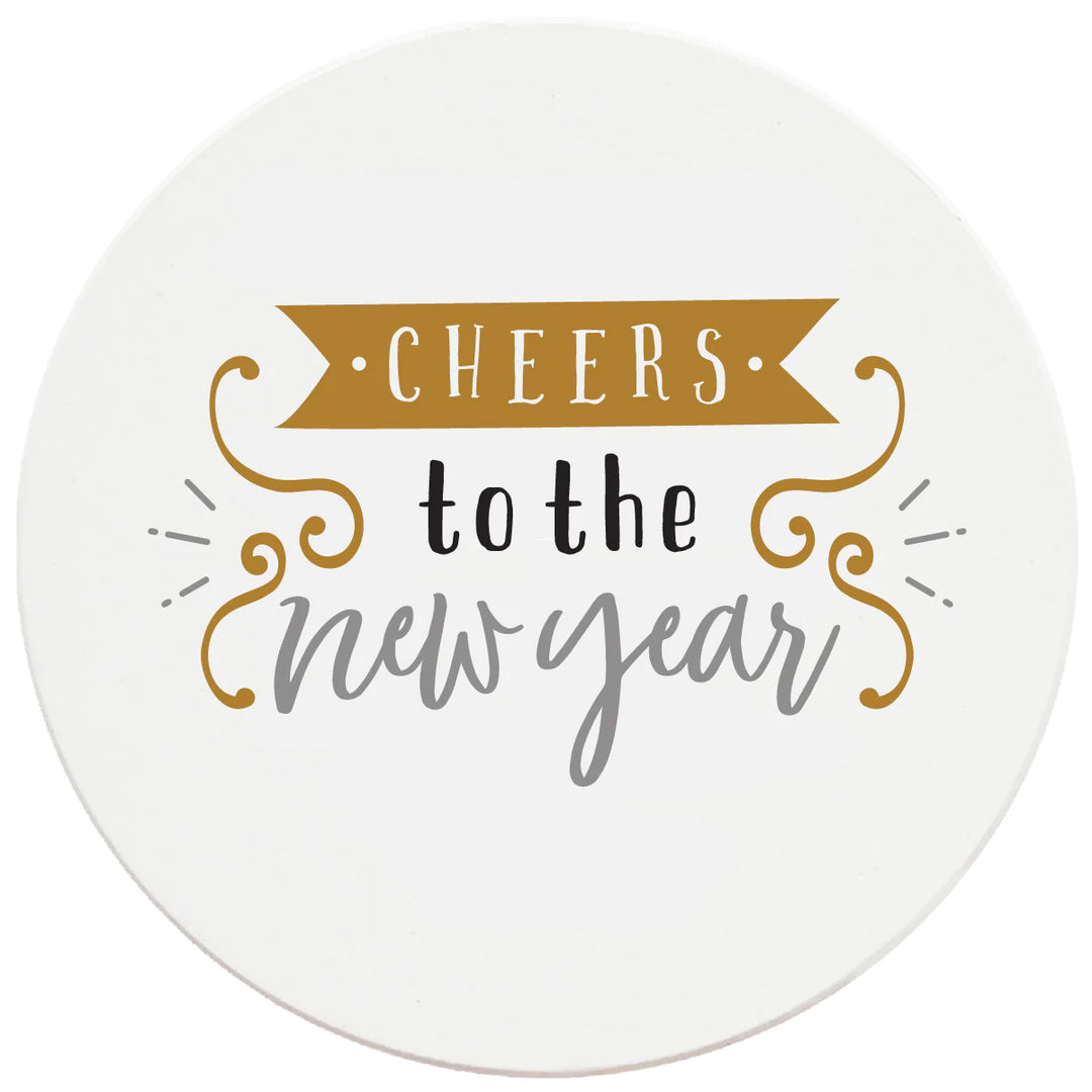 4 Inch Round Ceramic Coaster Set, Cheers To The New Year, 2 Sets of 4, 8 Pieces - Christmas by Krebs Wholesale