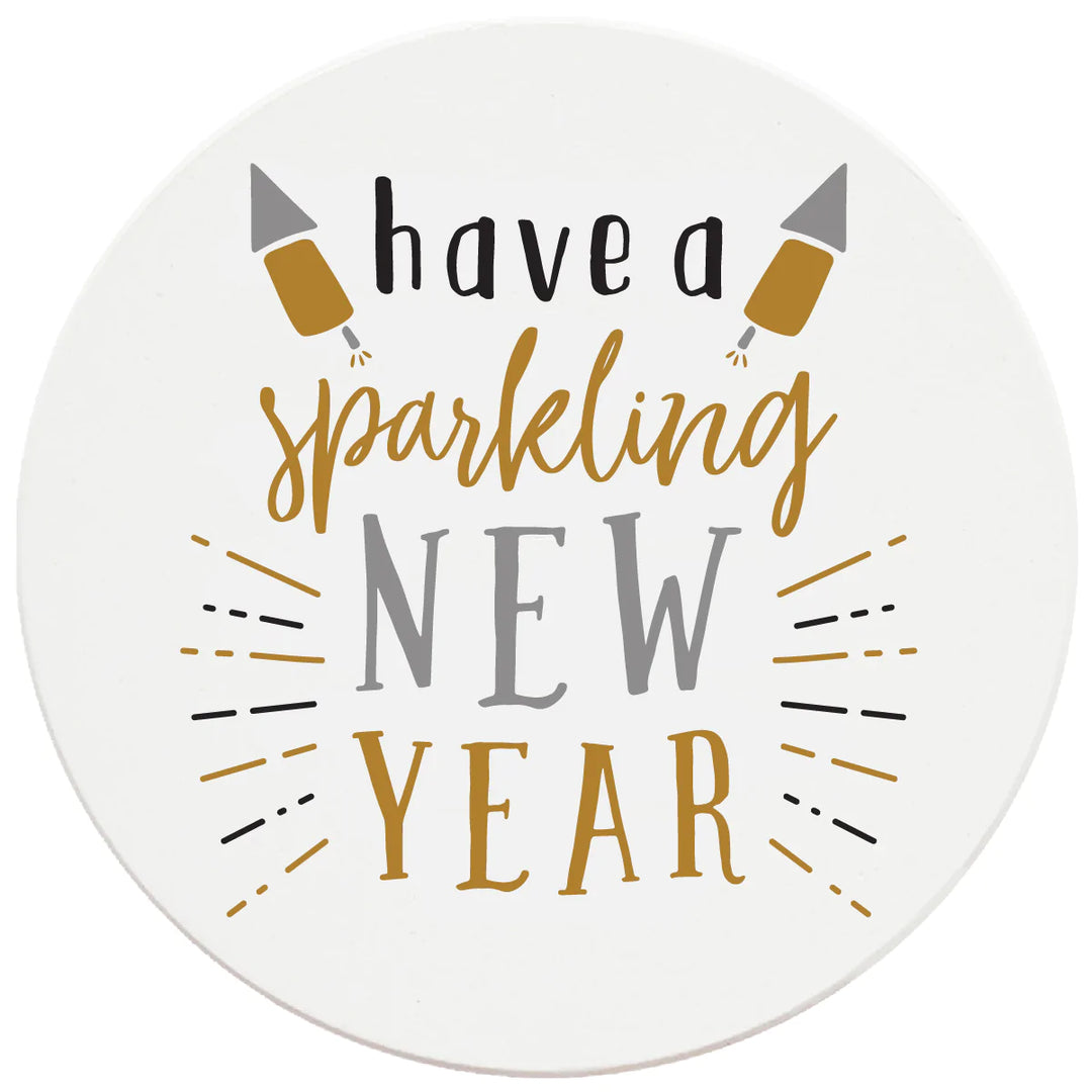 4 Inch Round Ceramic Coaster Set, Have A Sparkeling New Year, 2 Sets of 4, 8 Pieces - Christmas by Krebs Wholesale