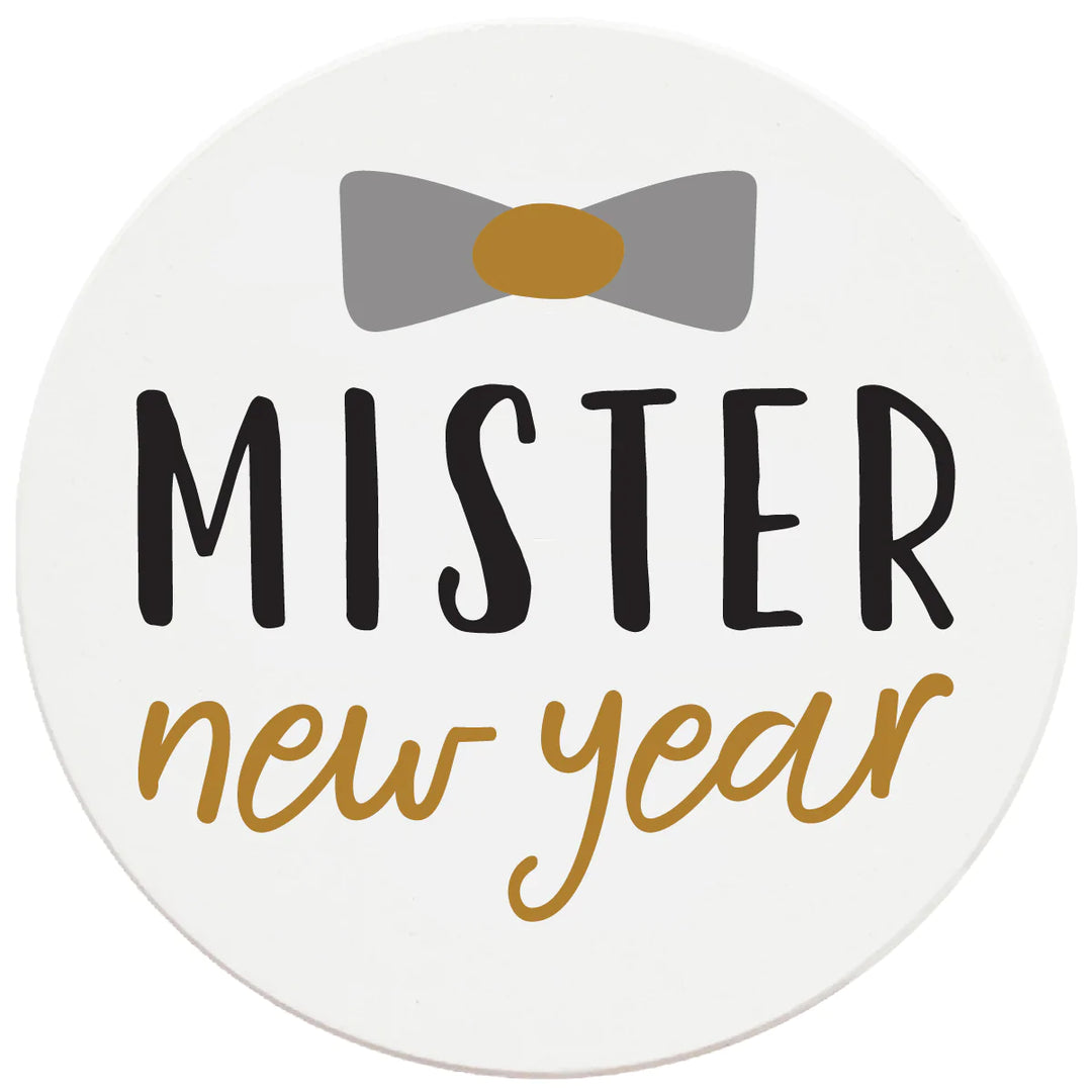 4 Inch Round Ceramic Coaster Set, Mister New Year, 2 Sets of 4, 8 Pieces - Christmas by Krebs Wholesale