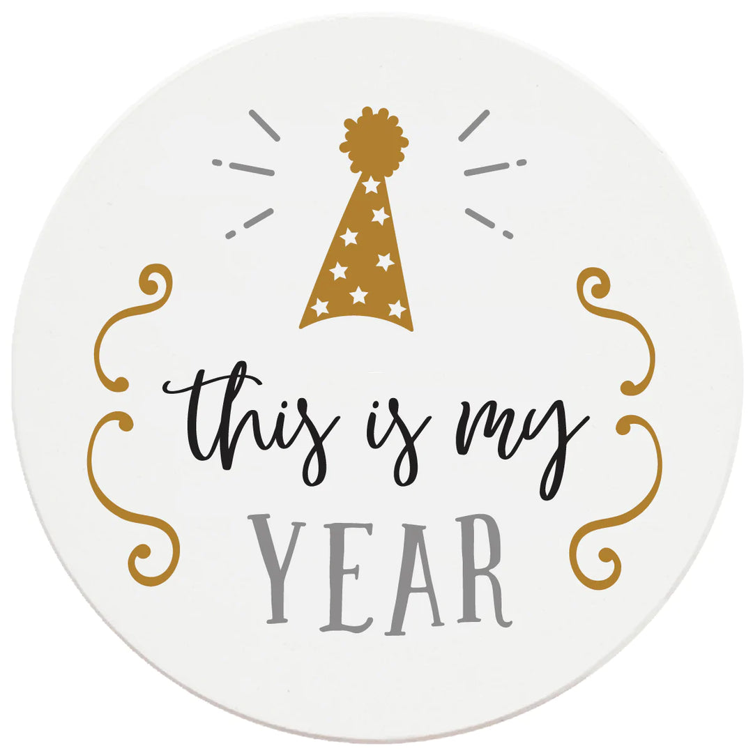4 Inch Round Ceramic Coaster Set, This Is My Year, 2 Sets of 4, 8 Pieces - Christmas by Krebs Wholesale