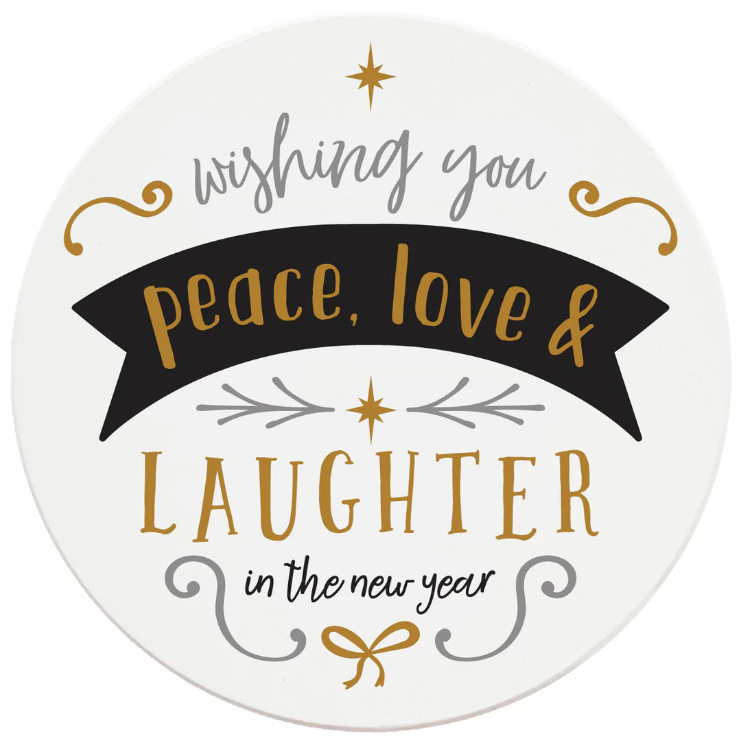 4 Inch Round Ceramic Coaster Set, Wishing You Peace, Love & Laughter, 2 Sets of 4, 8 Pieces - Christmas by Krebs Wholesale
