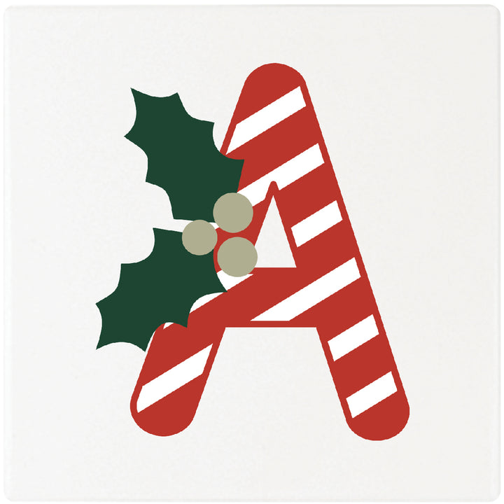 Candy Cane Monogram Absorbent Ceramic 4" Square Drink Coasters, Set of 4