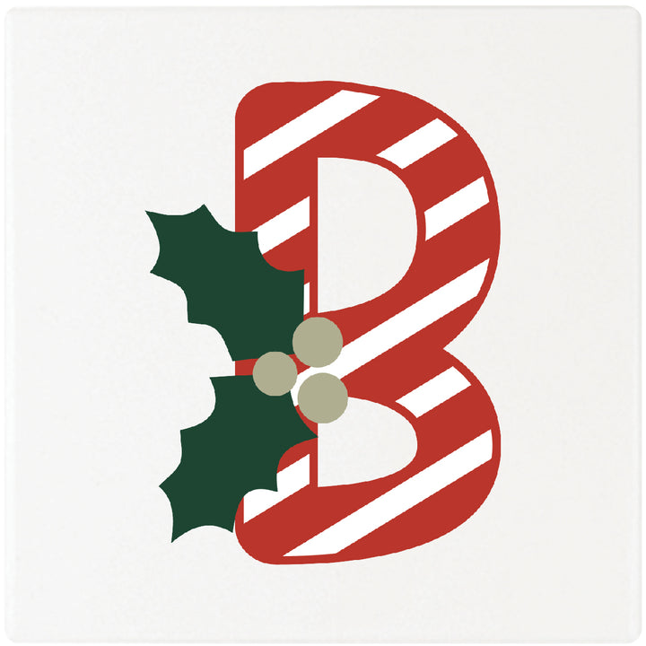 Candy Cane Monogram Absorbent Ceramic 4" Square Drink Coasters, Set of 4