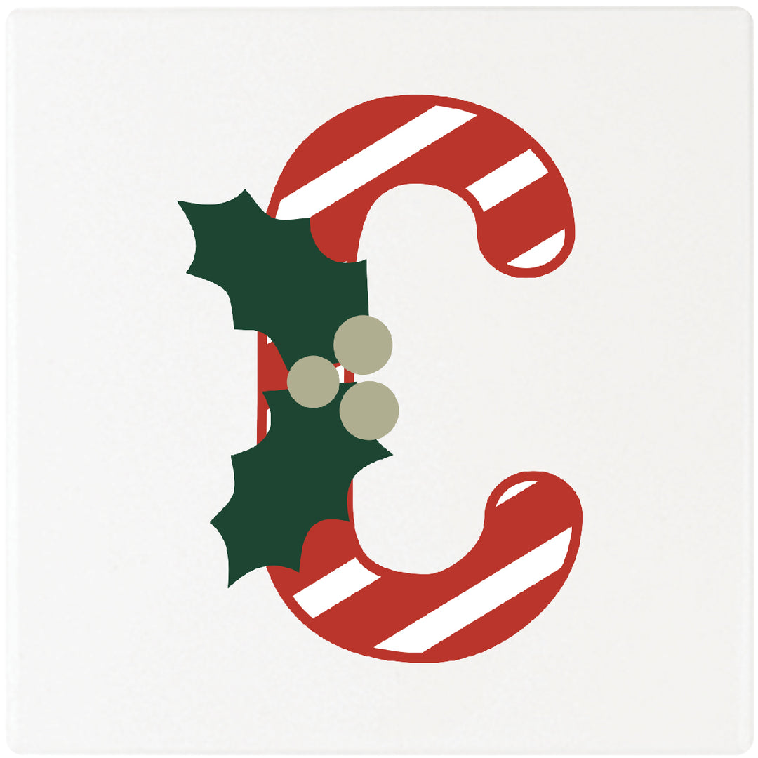 Candy Cane Monogram Absorbent Ceramic 4" Square Drink Coasters, Set of 4