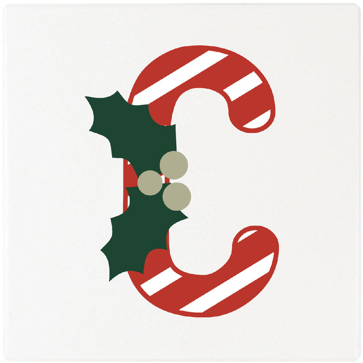 Candy Cane Monogram Absorbent Ceramic 4" Square Drink Coasters, Set of 4