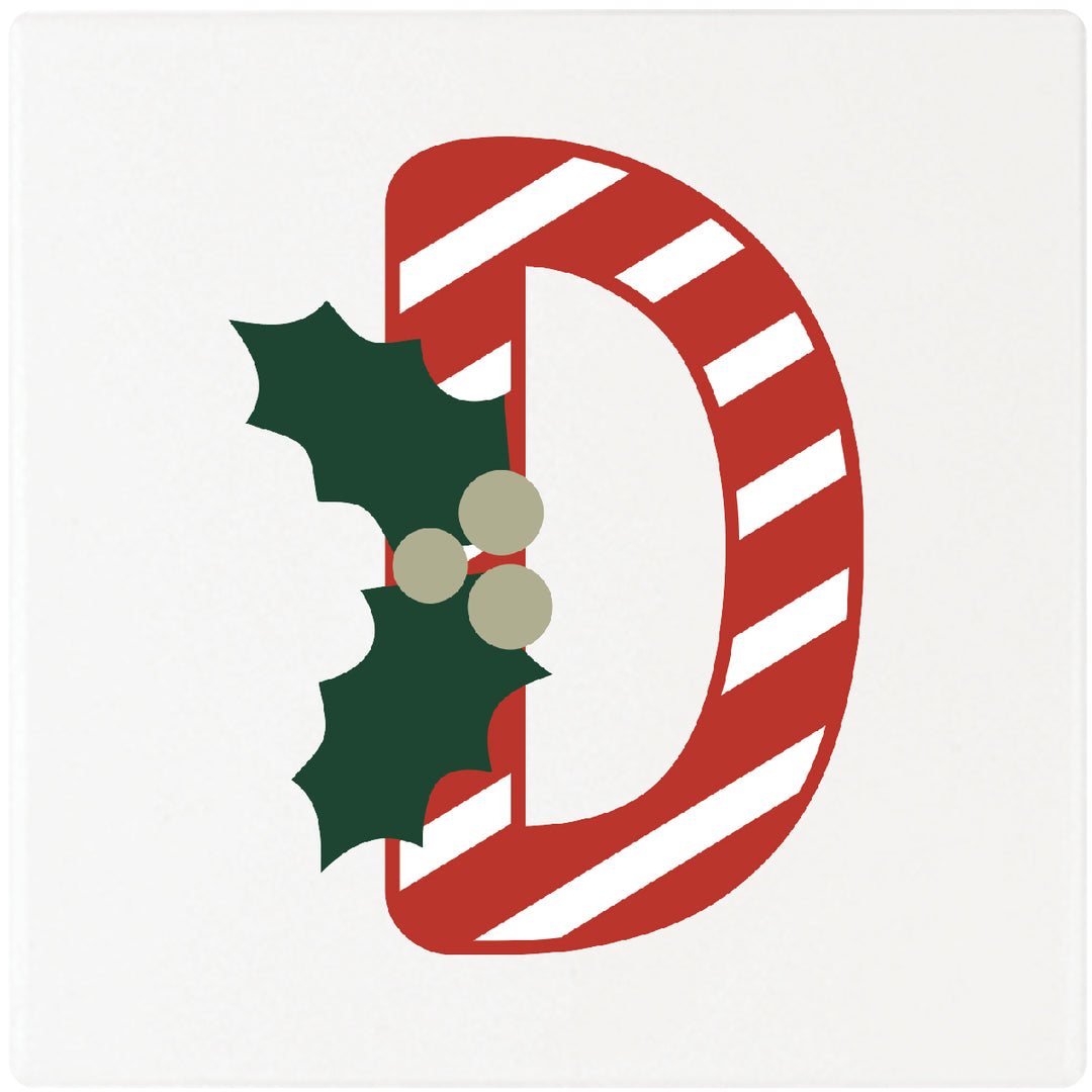 Candy Cane Monogram Absorbent Ceramic 4" Square Drink Coasters, Set of 4