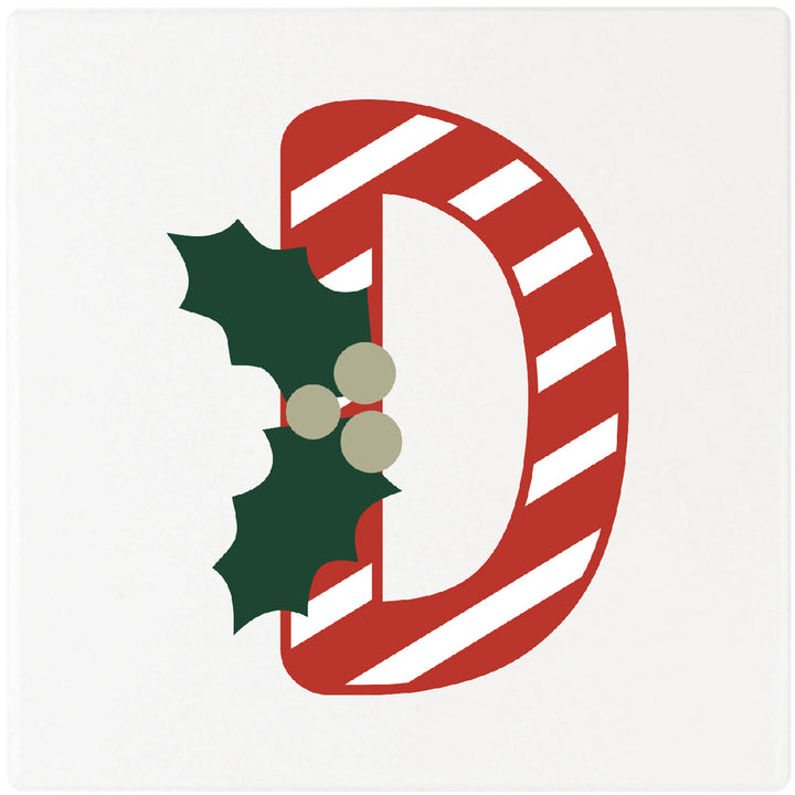 Candy Cane Monogram Absorbent Ceramic 4" Square Drink Coasters, Set of 4