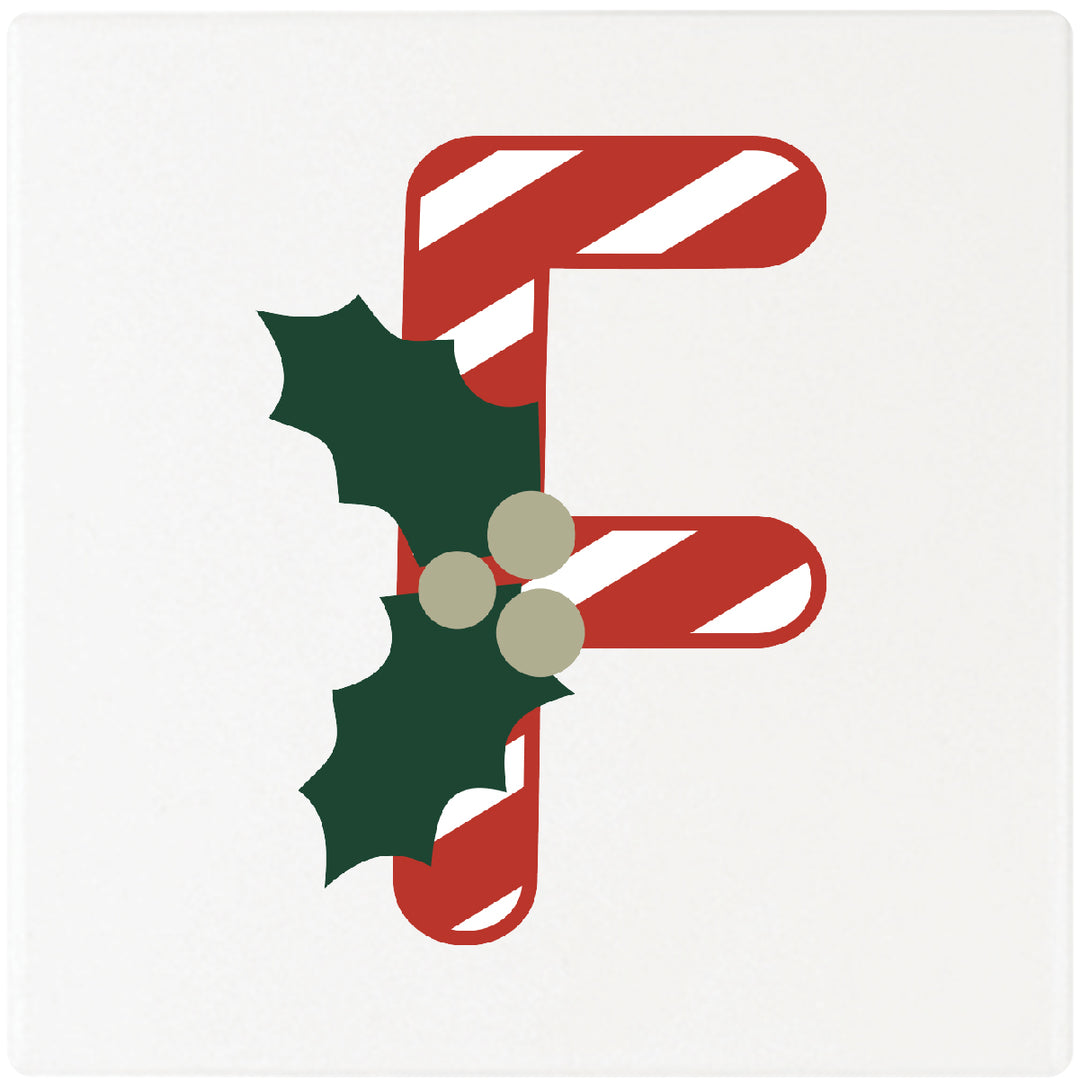 Candy Cane Monogram Absorbent Ceramic 4" Square Drink Coasters, Set of 4