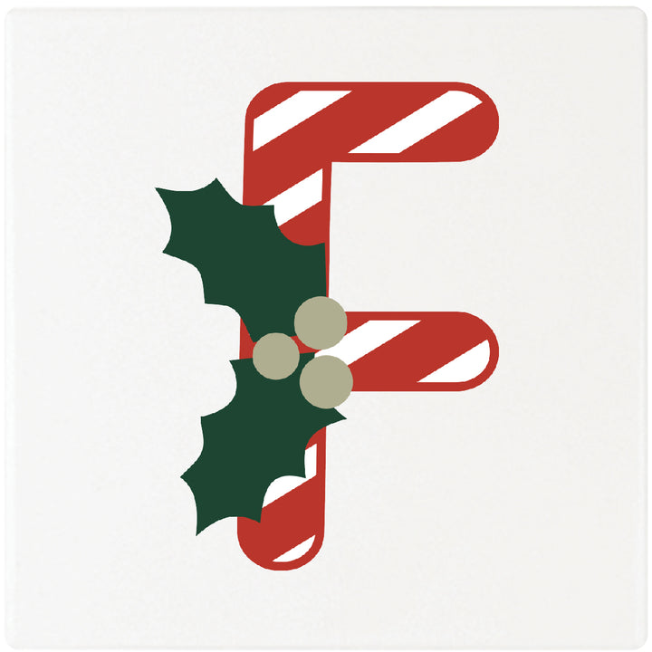 Candy Cane Monogram Absorbent Ceramic 4" Square Drink Coasters, Set of 4