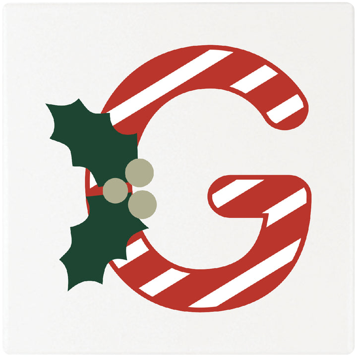 Candy Cane Monogram Absorbent Ceramic 4" Square Drink Coasters, Set of 4