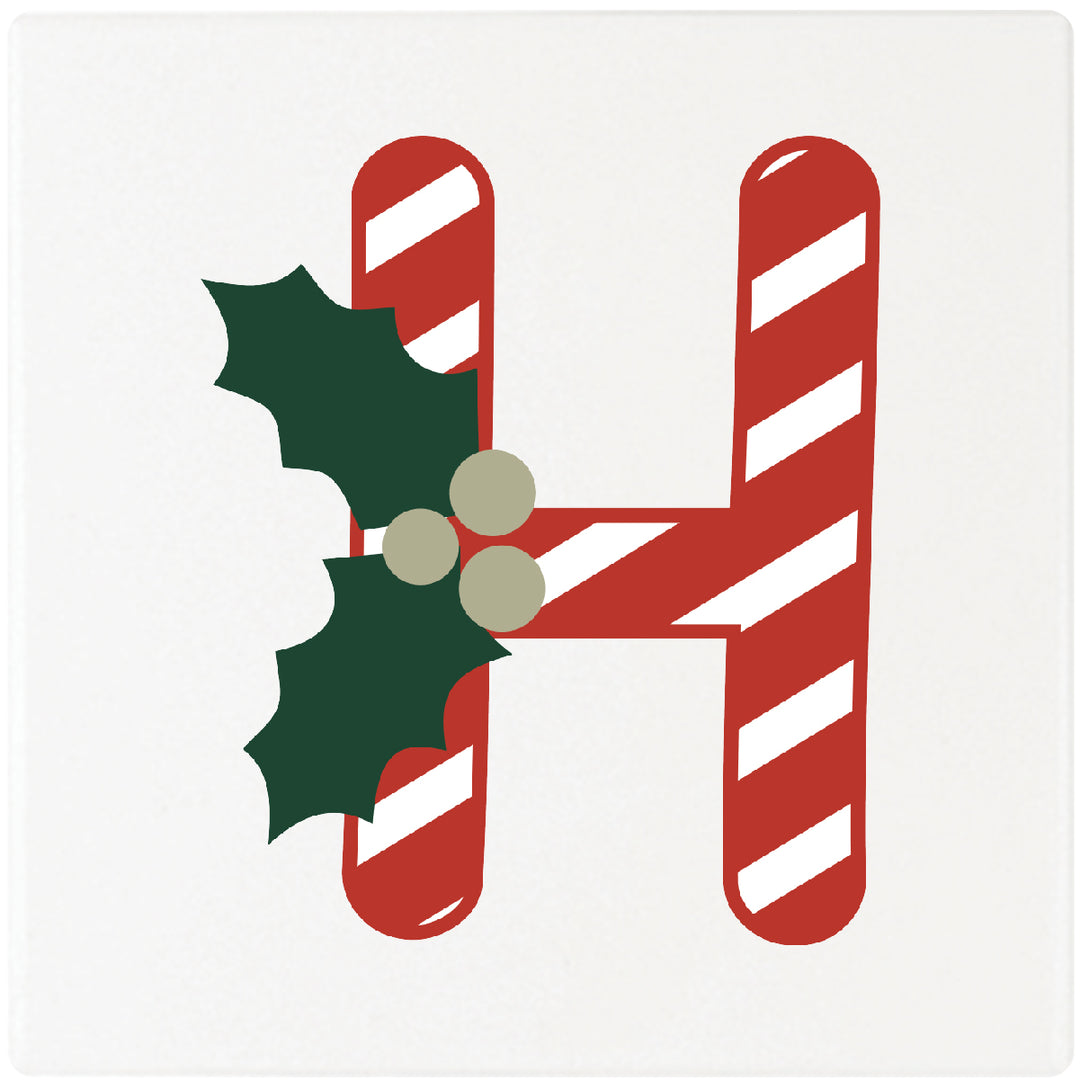 Candy Cane Monogram Absorbent Ceramic 4" Square Drink Coasters, Set of 4