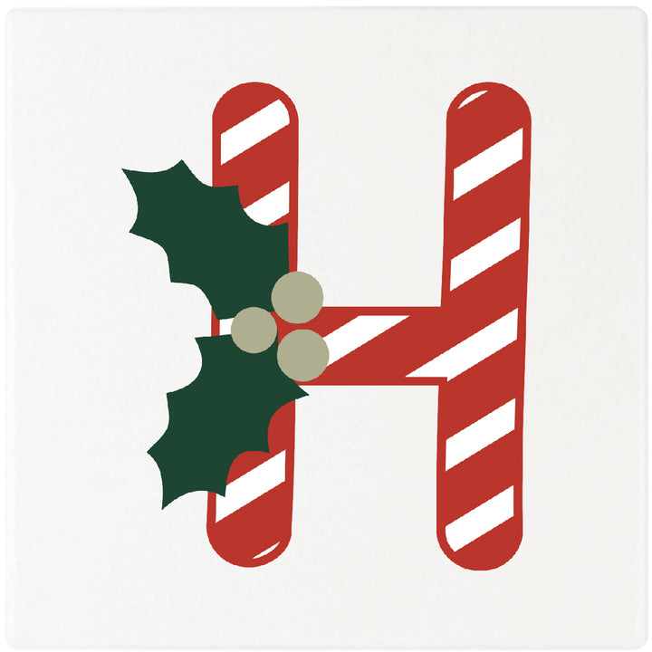 Candy Cane Monogram Absorbent Ceramic 4" Square Drink Coasters, Set of 4