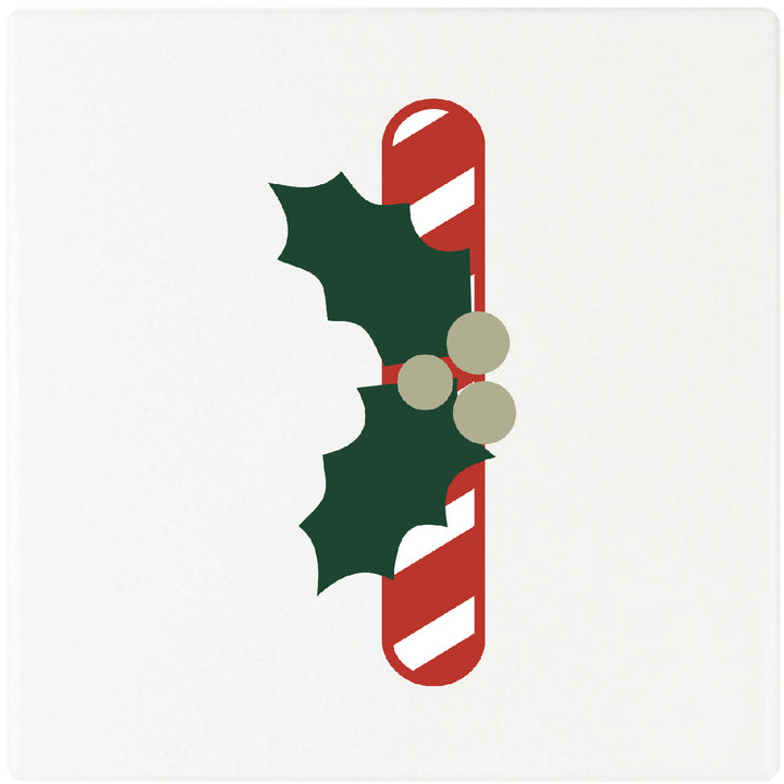 Candy Cane Monogram Absorbent Ceramic 4" Square Drink Coasters, Set of 4