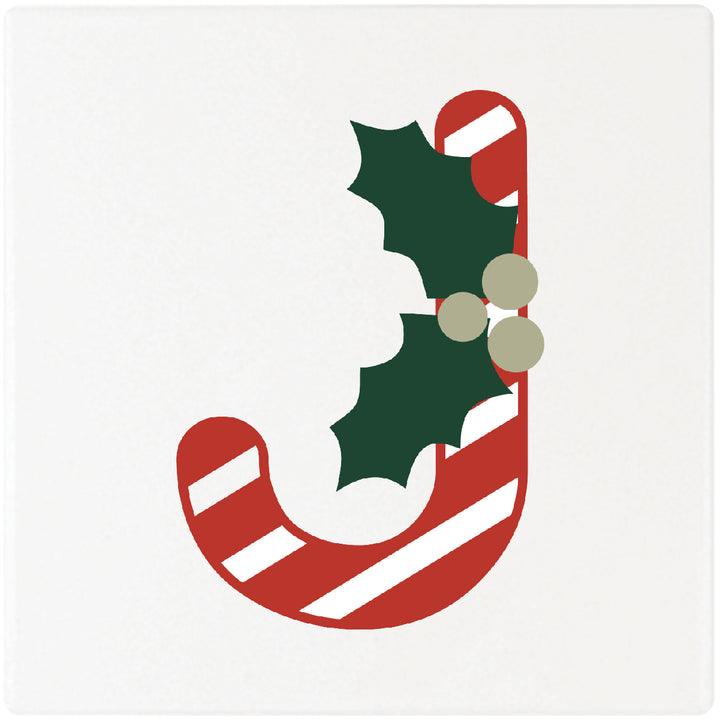 Candy Cane Monogram Absorbent Ceramic 4" Square Drink Coasters, Set of 4