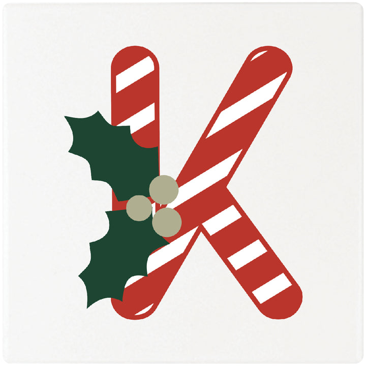 Candy Cane Monogram Absorbent Ceramic 4" Square Drink Coasters, Set of 4