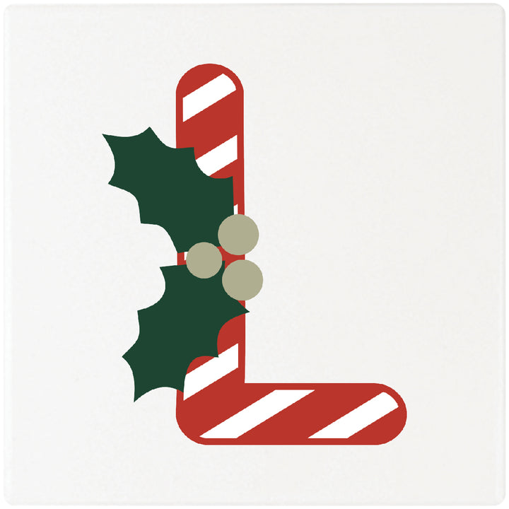 Candy Cane Monogram Absorbent Ceramic 4" Square Drink Coasters, Set of 4