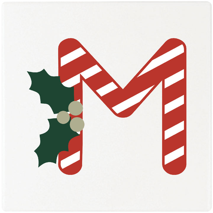 Candy Cane Monogram Absorbent Ceramic 4" Square Drink Coasters, Set of 4