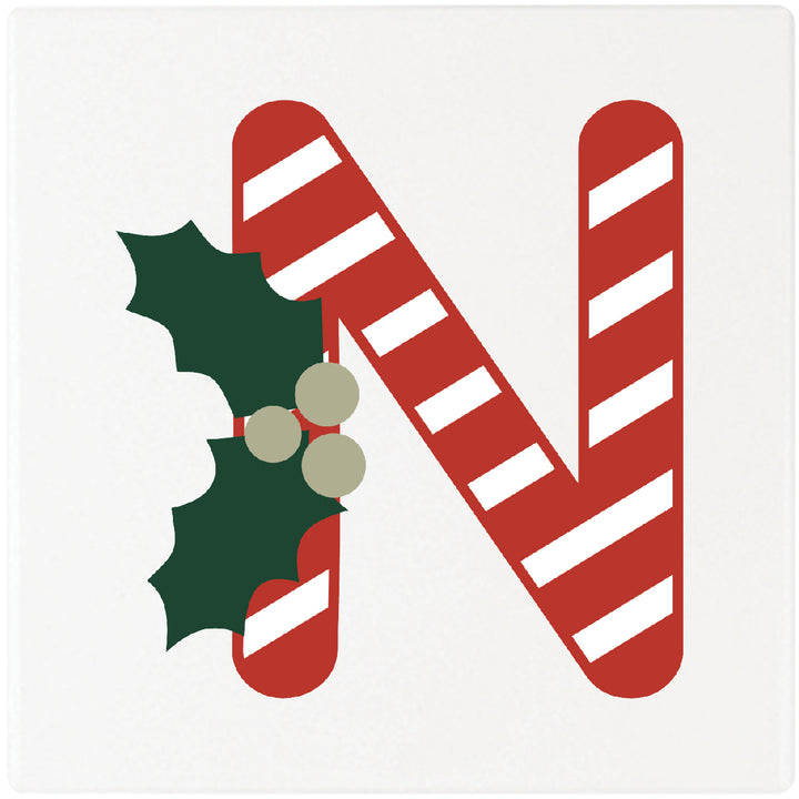 Candy Cane Monogram Absorbent Ceramic 4" Square Drink Coasters, Set of 4