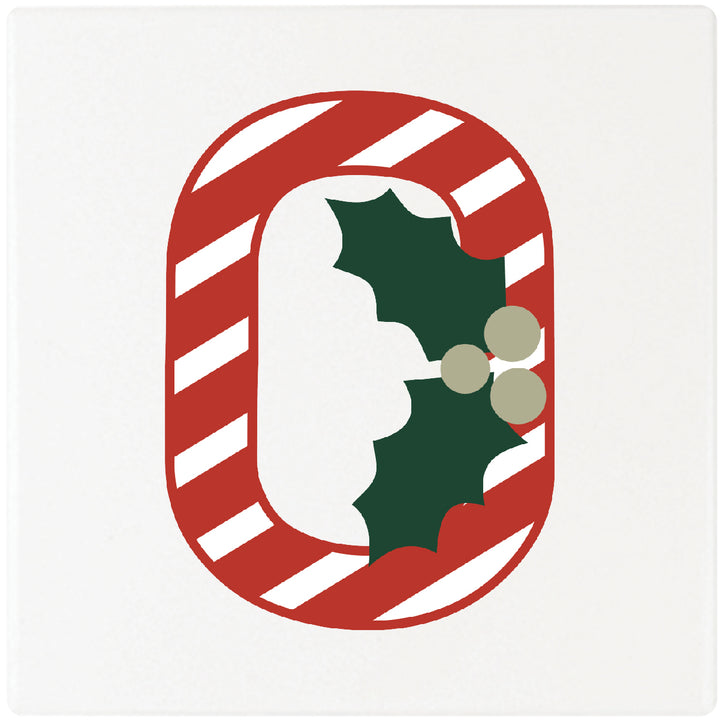 Candy Cane Monogram Absorbent Ceramic 4" Square Drink Coasters, Set of 4