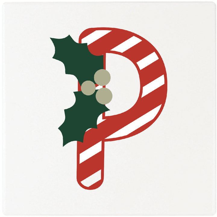Candy Cane Monogram Absorbent Ceramic 4" Square Drink Coasters, Set of 4