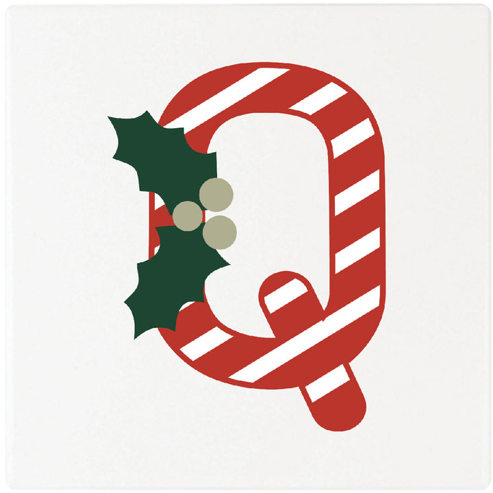 Candy Cane Monogram Absorbent Ceramic 4" Square Drink Coasters, Set of 4