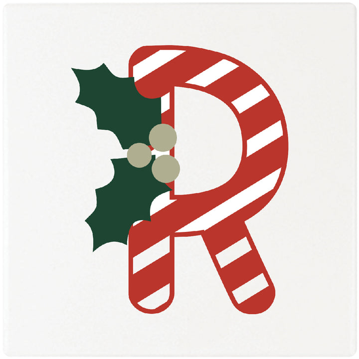 Candy Cane Monogram Absorbent Ceramic 4" Square Drink Coasters, Set of 4