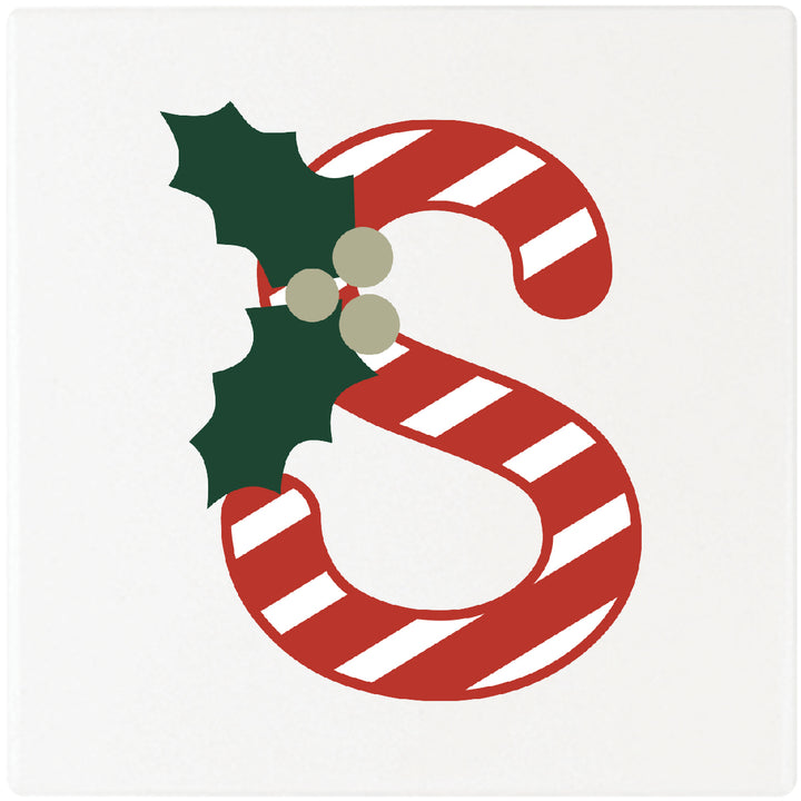 Candy Cane Monogram Absorbent Ceramic 4" Square Drink Coasters, Set of 4
