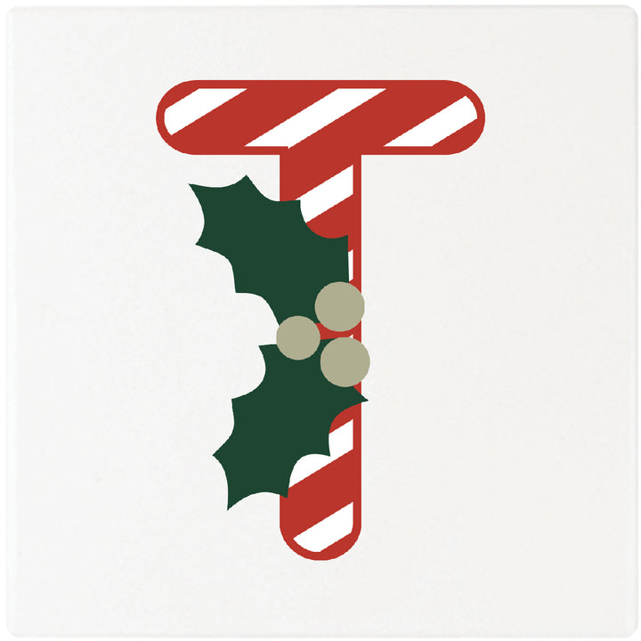 Candy Cane Monogram Absorbent Ceramic 4" Square Drink Coasters, Set of 4