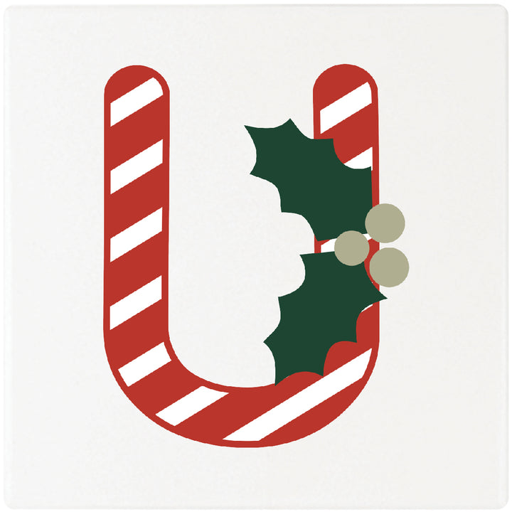 Candy Cane Monogram Absorbent Ceramic 4" Square Drink Coasters, Set of 4