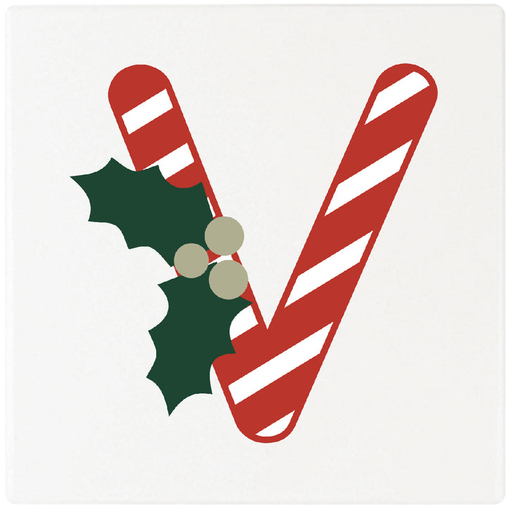 Candy Cane Monogram Absorbent Ceramic 4" Square Drink Coasters, Set of 4