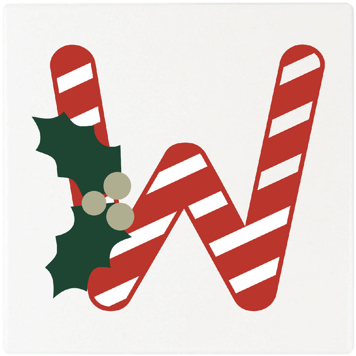 Candy Cane Monogram Absorbent Ceramic 4" Square Drink Coasters, Set of 4