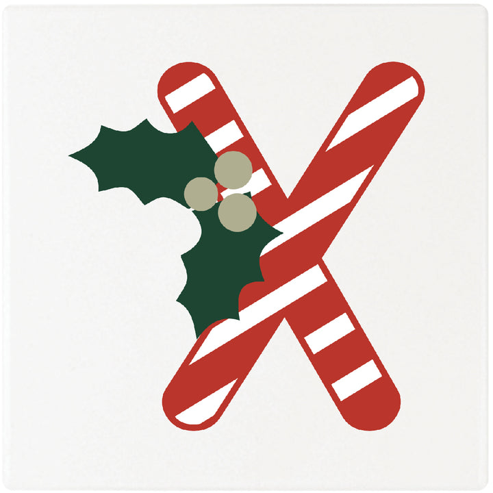 Candy Cane Monogram Absorbent Ceramic 4" Square Drink Coasters, Set of 4