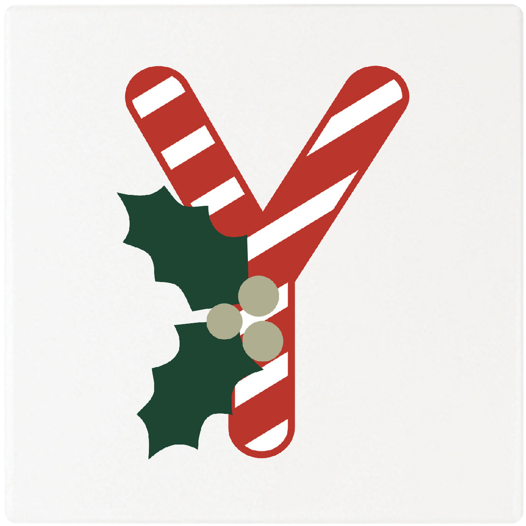 Candy Cane Monogram Absorbent Ceramic 4" Square Drink Coasters, Set of 4