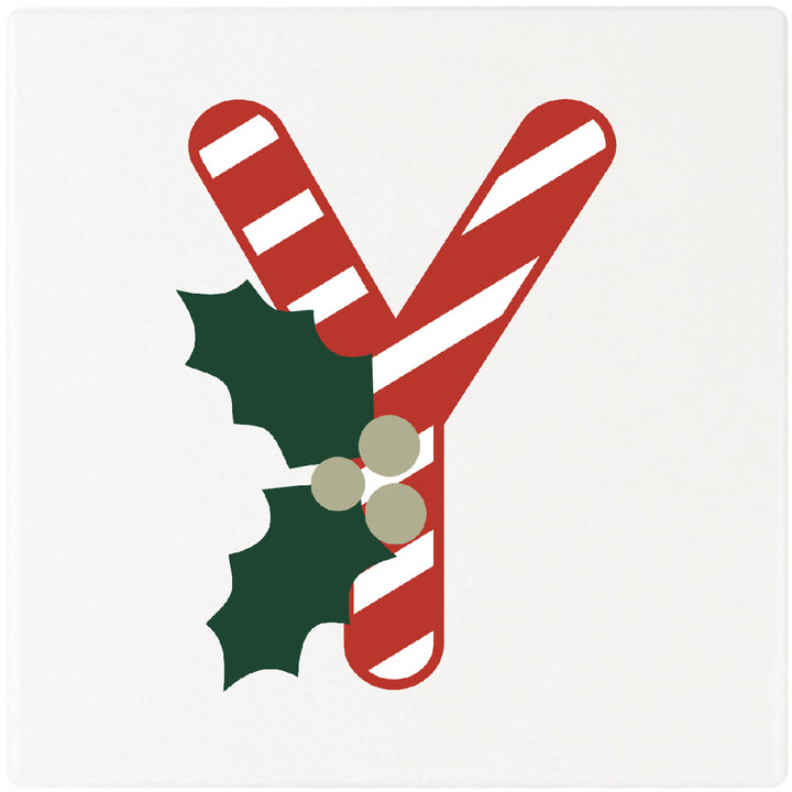 Candy Cane Monogram Absorbent Ceramic 4" Square Drink Coasters, Set of 4