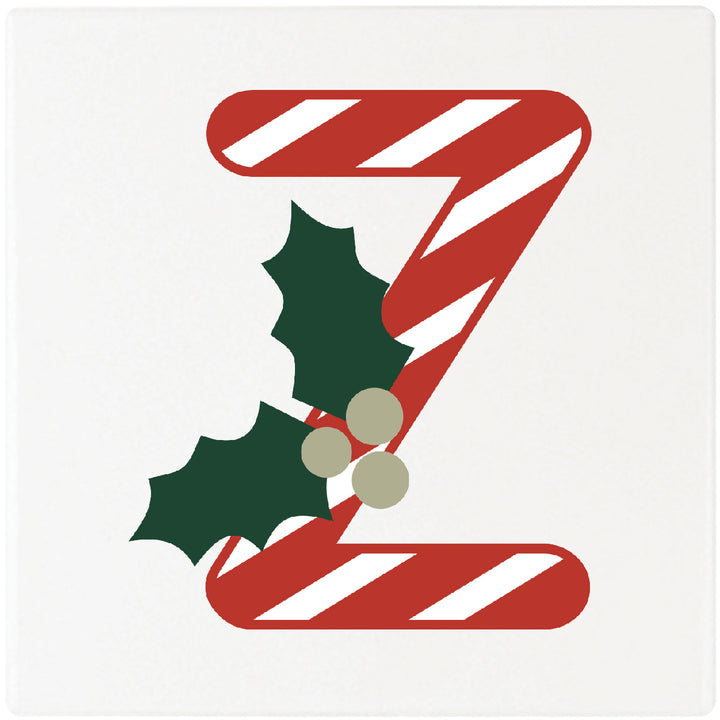 Candy Cane Monogram Absorbent Ceramic 4" Square Drink Coasters, Set of 4