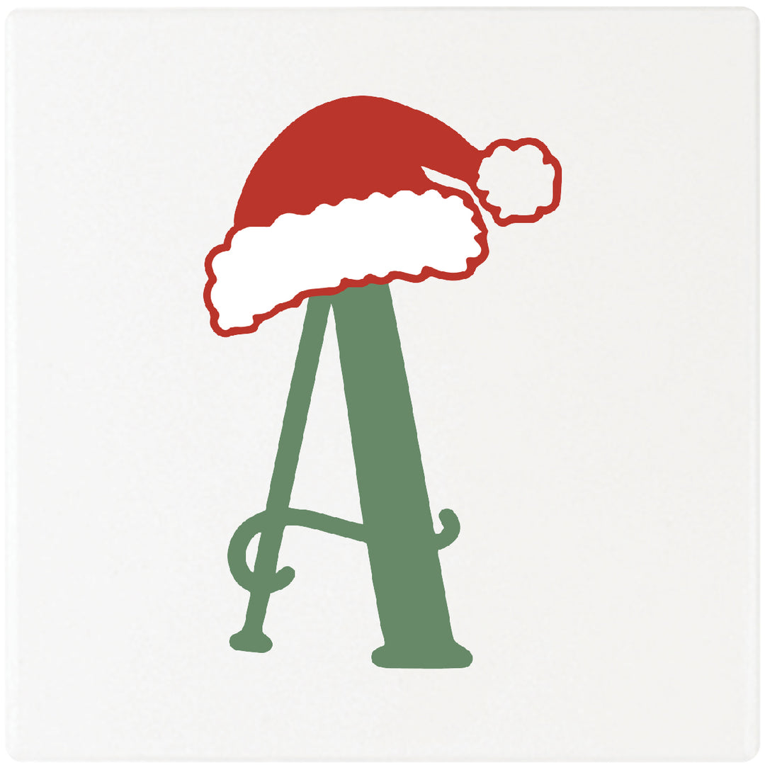 Santa Hat Monogram Absorbent Ceramic 4" Square Drink Coasters, Set of 4