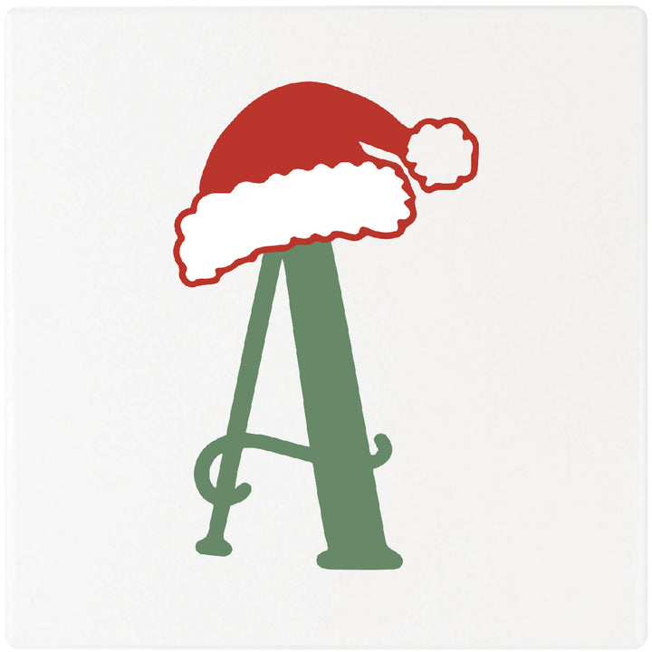 Santa Hat Monogram Absorbent Ceramic 4" Square Drink Coasters, Set of 4