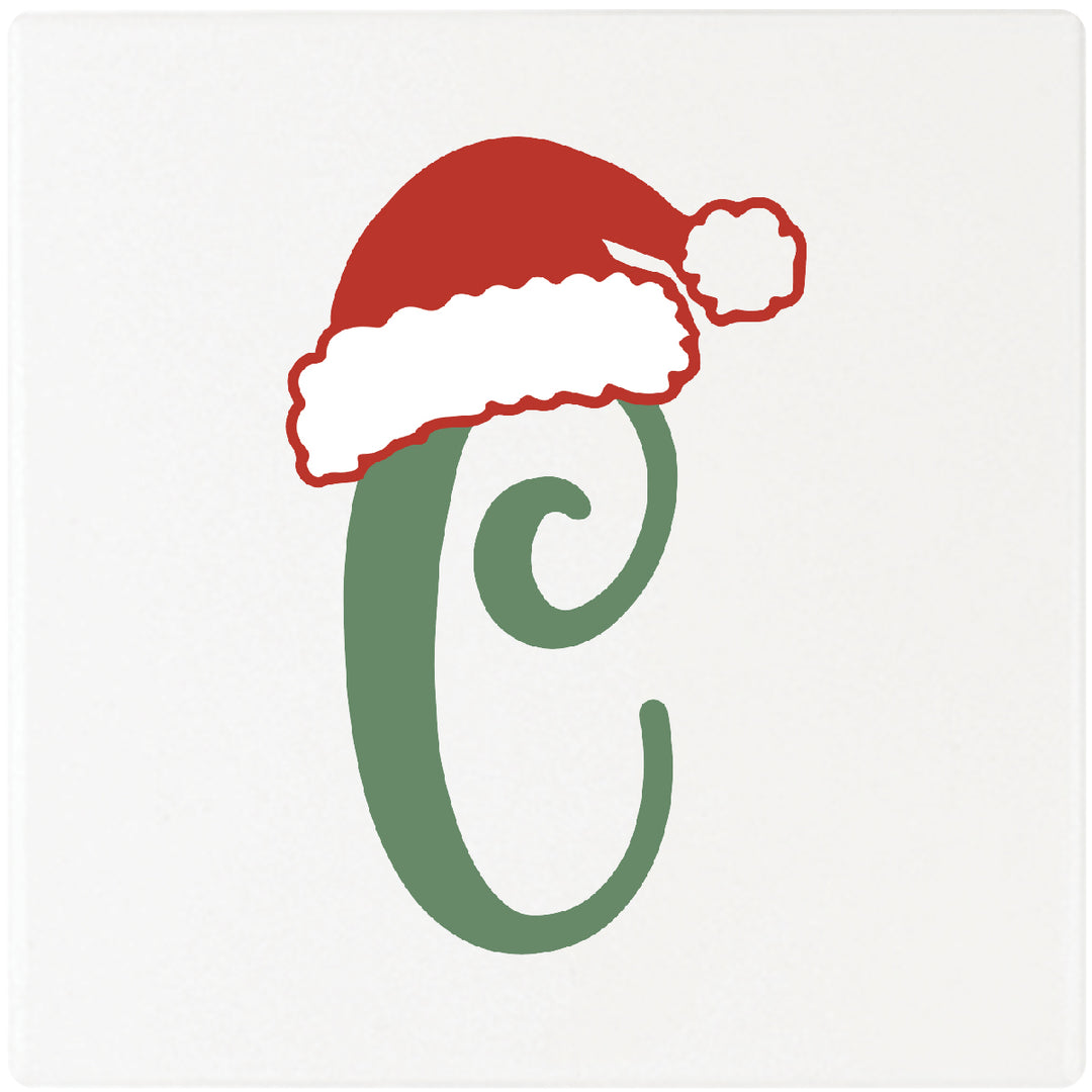 Santa Hat Monogram Absorbent Ceramic 4" Square Drink Coasters, Set of 4