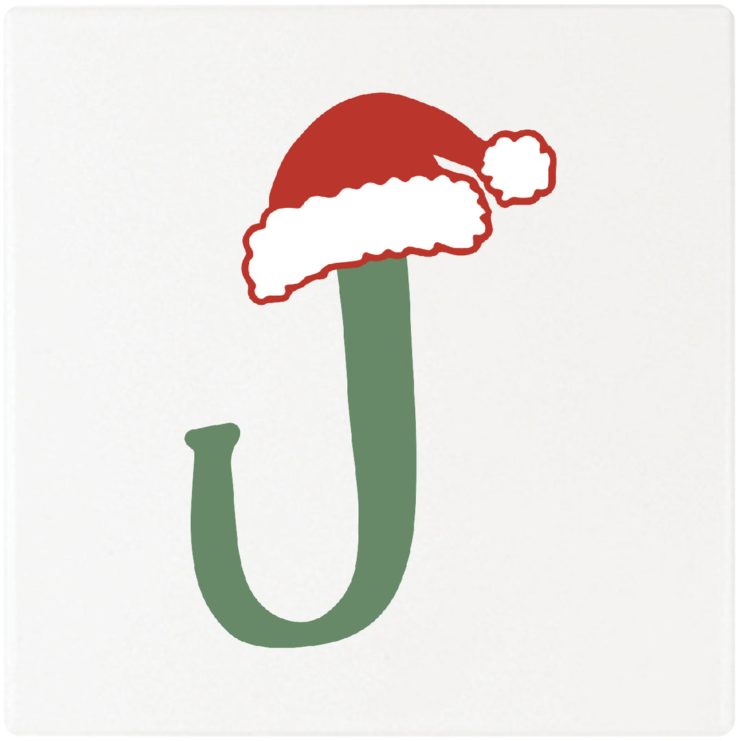 Santa Hat Monogram Absorbent Ceramic 4" Square Drink Coasters, Set of 4