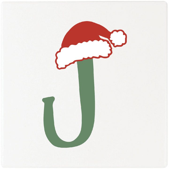 Santa Hat Monogram Absorbent Ceramic 4" Square Drink Coasters, Set of 4