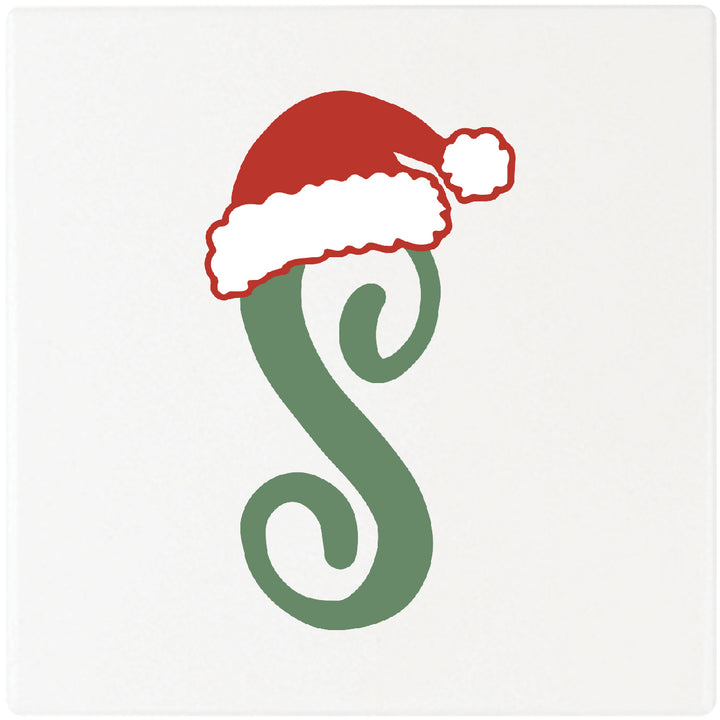 Santa Hat Monogram Absorbent Ceramic 4" Square Drink Coasters, Set of 4