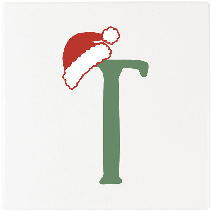 Santa Hat Monogram Absorbent Ceramic 4" Square Drink Coasters, Set of 4